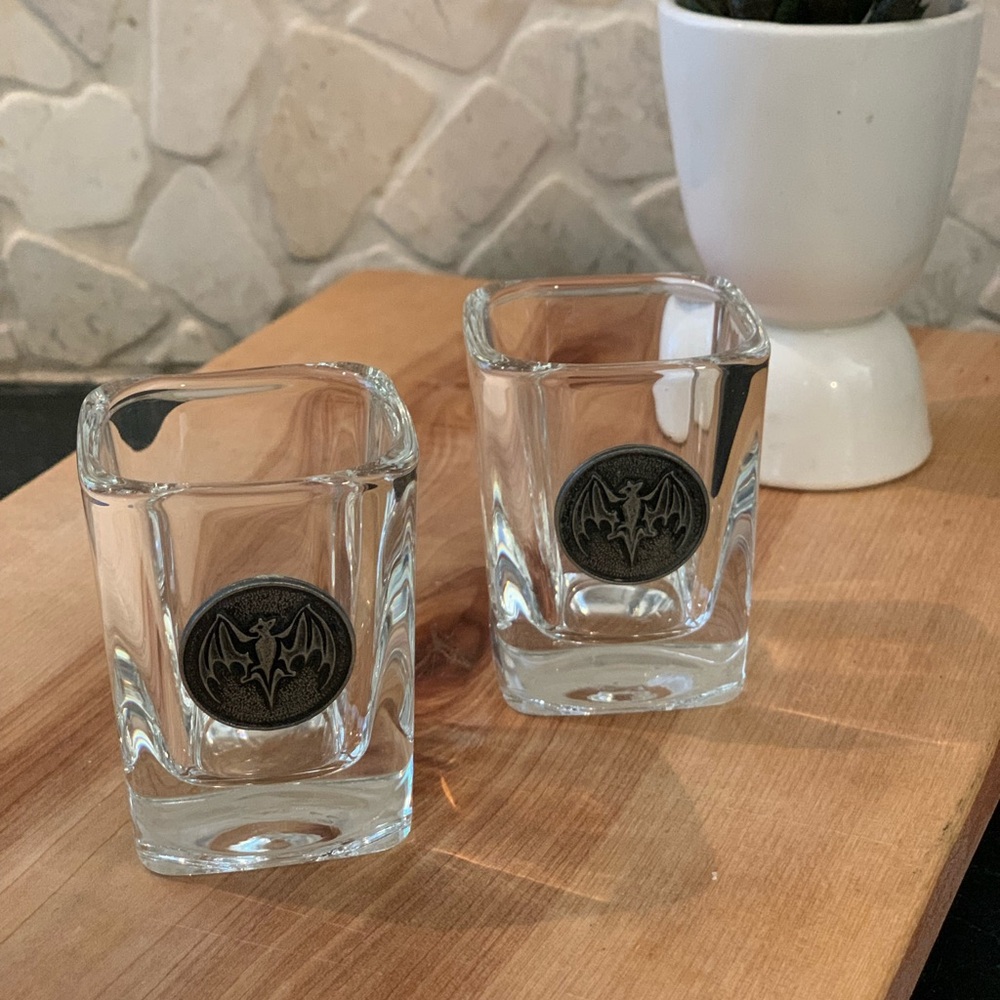 BACARDI | Set of 2 | Heavy Square Glass Pewter Bat Shot Glasses